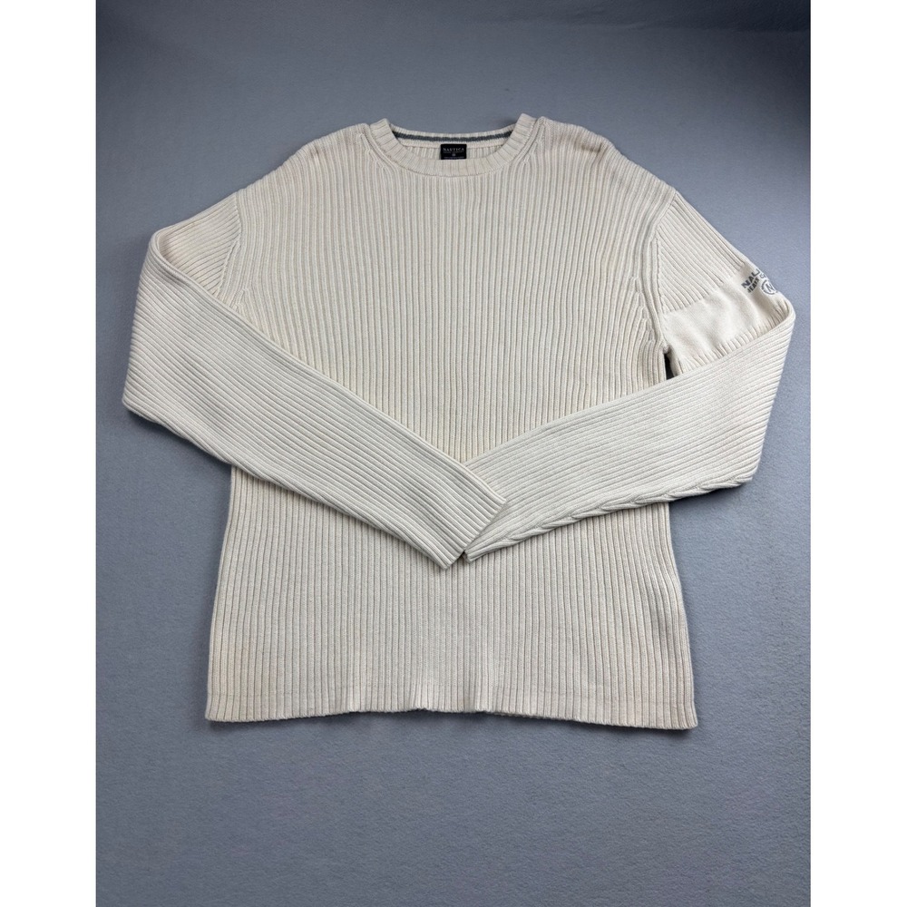 Vintage Nautica Jeans Co Mens XL Cream Ribbed Heavyweight Crewneck Sweater